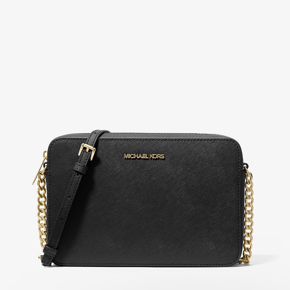 New Michael Kors Black and Gold Saffiano Leather Crossbody Bag